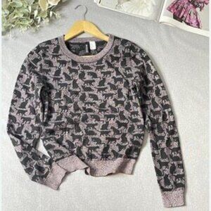 Black Cat Knit Sweater Print Jacquard Cropped Metallic Divided H&M Women’s Sz 10